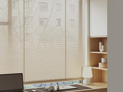 Light Wood Venetian Blinds In Home Office With Desk Laptop And Bookshelf 3d model