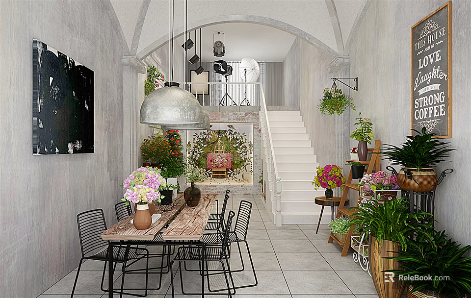 Specialty Store Interior With Dining Table Chairs Plants Pendant Light And Staircase 3d model 
