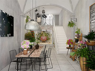Specialty Store Interior With Dining Table Chairs Plants Pendant Light And Staircase 3d model