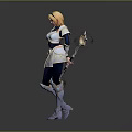 Blonde Haired Female Character In Armored Outfit Holding Creature Themed Magic Staff With Green Gemstones