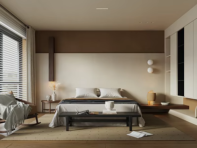Modern Bedroom Interior With Double Bed Nightstand Table Lamp And Window Blinds 3d model