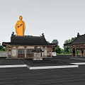 Ancient Architecture Complex Featuring Golden Statue Traditional Roofs Wooden Structures And Courtyard