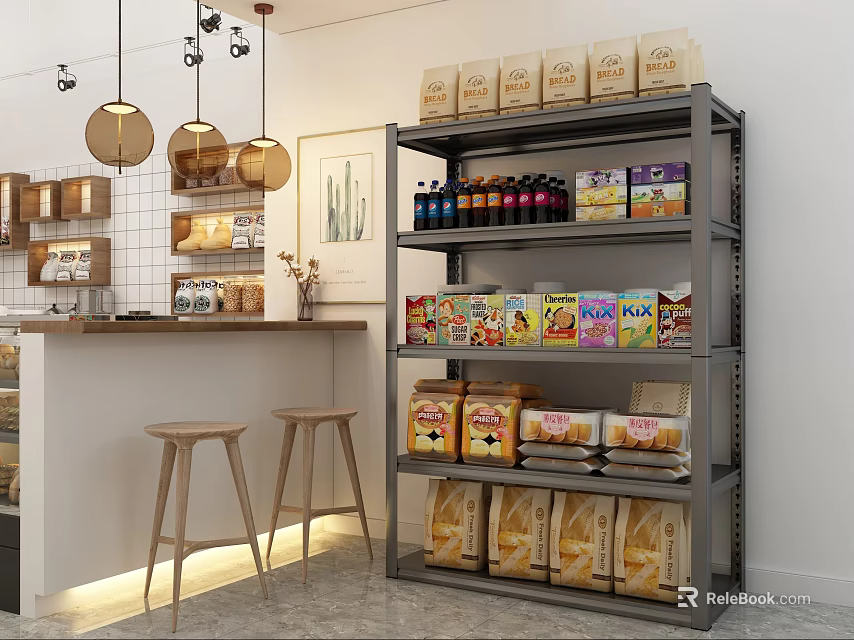 Practical Storage Shelf Filled With Snacks Beverages And Packaged Food In Kitchen Area 3d model 