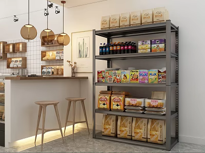 Practical Storage Shelf Filled With Snacks Beverages And Packaged Food In Kitchen Area 3d model