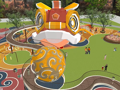 Children's Play Area Design With Large Lion Head Play Structure Slide Colorful Ground And Trees 3d model