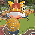 Children's Play Area Design With Large Lion Head Play Structure Slide Colorful Ground And Trees