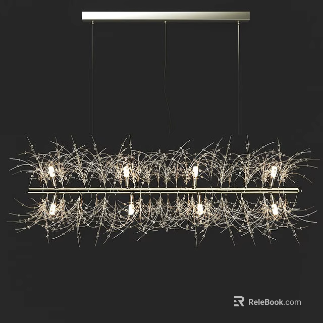 Modern Artistic Chandelier with Thin Metallic Branches Multiple Illuminated Bulbs and Reflective Surface Below 3d model 