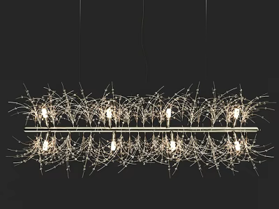 Modern Artistic Chandelier with Thin Metallic Branches Multiple Illuminated Bulbs and Reflective Surface Below 3d model
