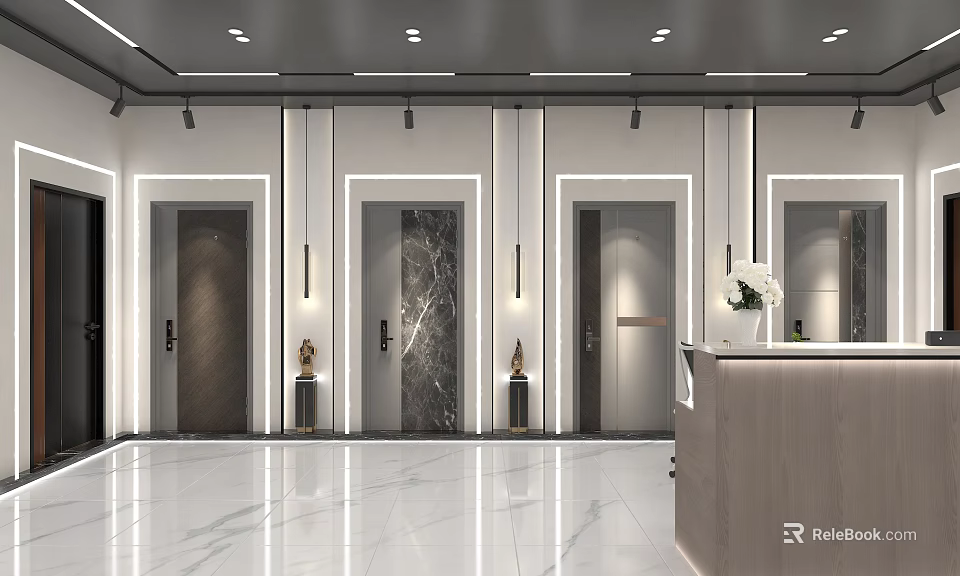 Modern Lobby Interior Design With Marble Walls Elevator Doors Lighting And Reception Desk 3d model 