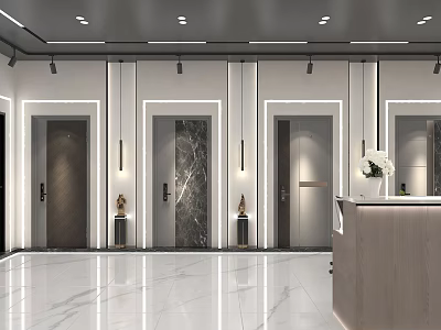 Modern Lobby Interior Design With Marble Walls Elevator Doors Lighting And Reception Desk 3d model