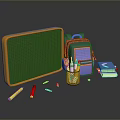 Essential School Supplies On Desk With Green Chalkboard Purple Backpack Pencils Highlighters Books And Stationery