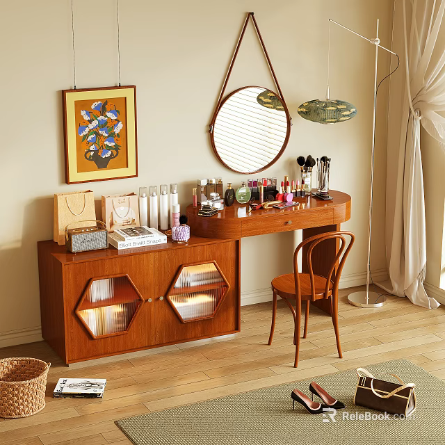 Wooden Dressing Table With Round Mirror Hexagon Shaped Cabinets Cosmetics Skincare Products And Chair 3d model 