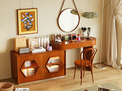 Wooden Dressing Table With Round Mirror Hexagon Shaped Cabinets Cosmetics Skincare Products And Chair 3d model
