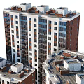 Modern Multi Story Residential Buildings With Red Brick White Facade And Balconies