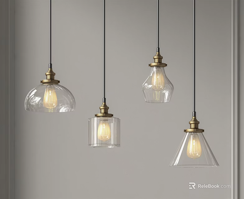 Stylish Glass Pendant Lights With Brass Bases And Different Shapes For Interior Design 3d model 