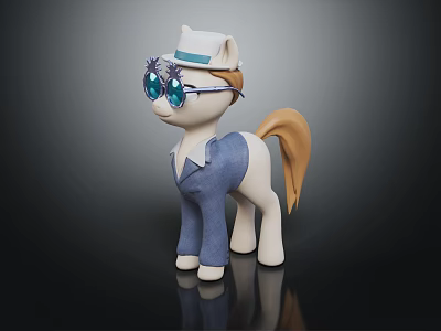 Cute Little Pony Wearing White Hat Blue Glasses And Blue Outfit Standing On Black Surface 3d model