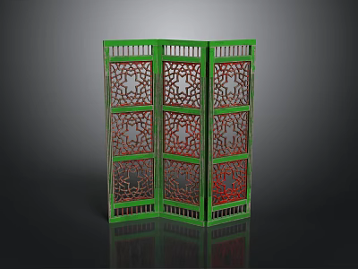 Green Carved Room Divider Three Panel Decorative Furniture With Intricate Patterns 3d model
