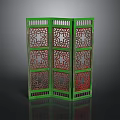 Green Carved Room Divider Three Panel Decorative Furniture With Intricate Patterns