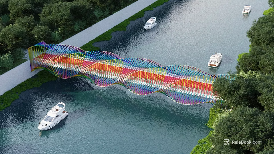 Colorful Wavy Bridge Spanning River With White Yachts And Surrounded By Trees 3d model 