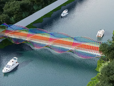 Colorful Wavy Bridge Spanning River With White Yachts And Surrounded By Trees 3d model