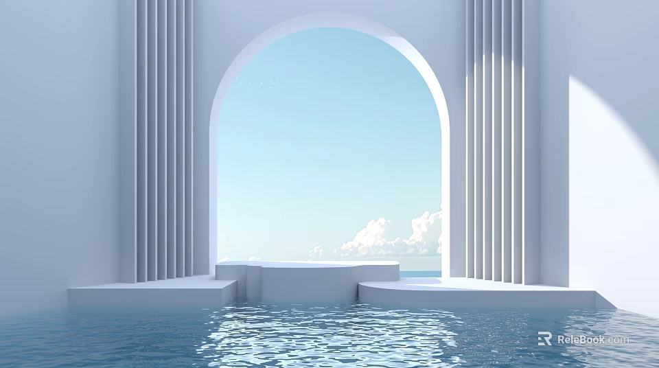 White Arch Landscape Sculpture with Fluted Columns Blue Sky White Clouds and Water Pool Reflection 3d model 