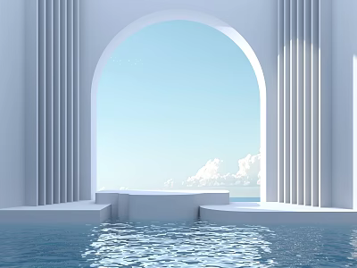 White Arch Landscape Sculpture with Fluted Columns Blue Sky White Clouds and Water Pool Reflection 3d model
