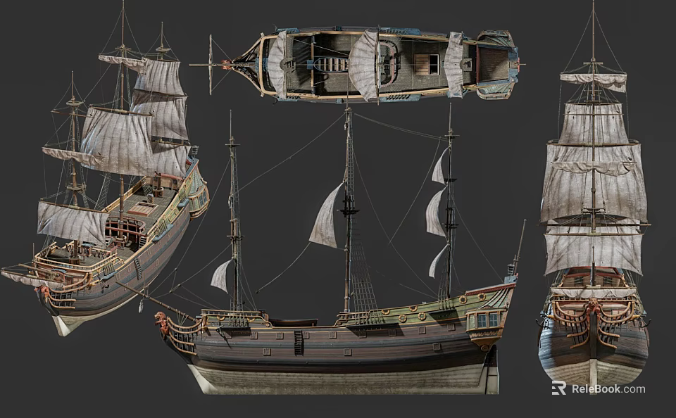 Detailed Sailing Ship Models with Multiple Views Masts Sails and Hull Details 3d model