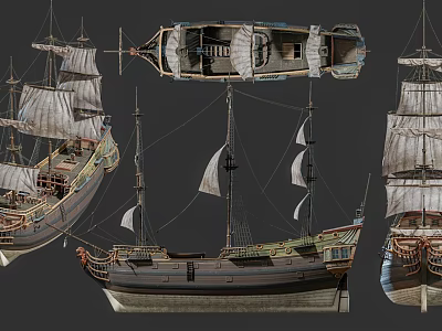 Detailed Sailing Ship Models with Multiple Views Masts Sails and Hull Details 3d model