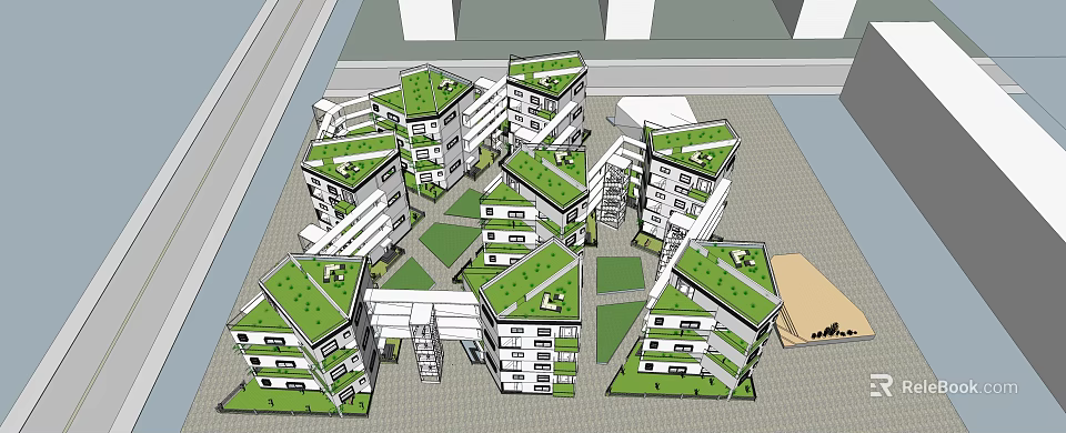 Modern Multi Story Architectural Complex With Green Roofs And Courtyard Design 3d model 