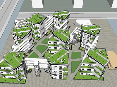 Modern Multi Story Architectural Complex With Green Roofs And Courtyard Design 3d model
