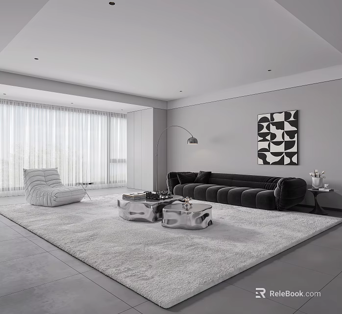 Bright Modern Minimalist Living Room With Black Sofa Metal Coffee Tables And Soft Shaggy Rug 3d model 