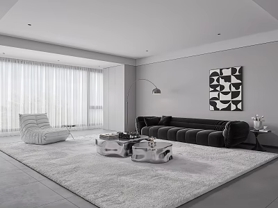 Bright Modern Minimalist Living Room With Black Sofa Metal Coffee Tables And Soft Shaggy Rug 3d model
