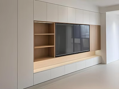 Modern TV Wall Design With Built in TV White Cabinets Wooden Open Shelves And Platform 3d model