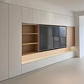 Modern TV Wall Design With Built in TV White Cabinets Wooden Open Shelves And Platform