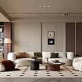 Elegant Modern Living Room Interior With Beige Sofa Coffee Tables Geometric Rug And Decorative Paintings