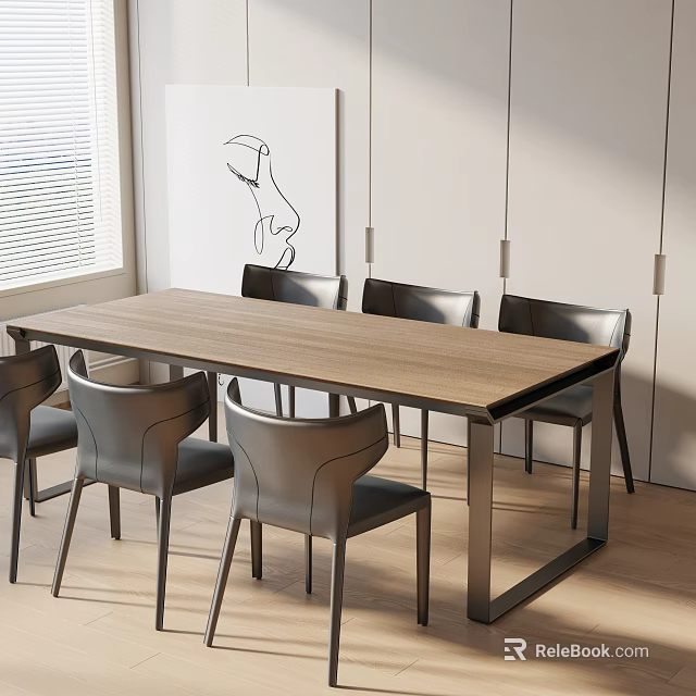 Modern Rectangular Light Wood Dining Table Set with Six Grey Leather Chairs and Metal Legs 3d model