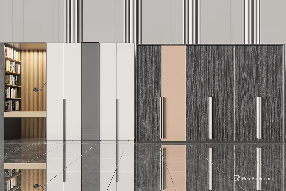 Modern Wardrobe Interior Design With White Gray Beige Wooden Doors And Metal Handles 3d model 