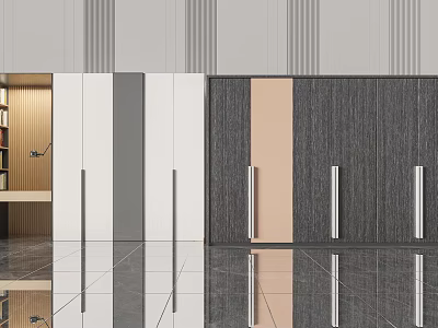 Modern Wardrobe Interior Design With White Gray Beige Wooden Doors And Metal Handles 3d model