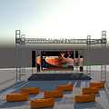 Vibrant Commercial Street Plaza With Stage Orange Chairs And Green Trees