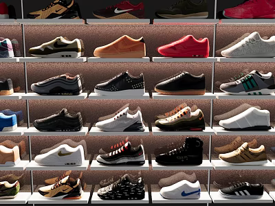Various Styles Of Shoes In Multiple Colors Displayed On Shelves For Casual Wear 3d model