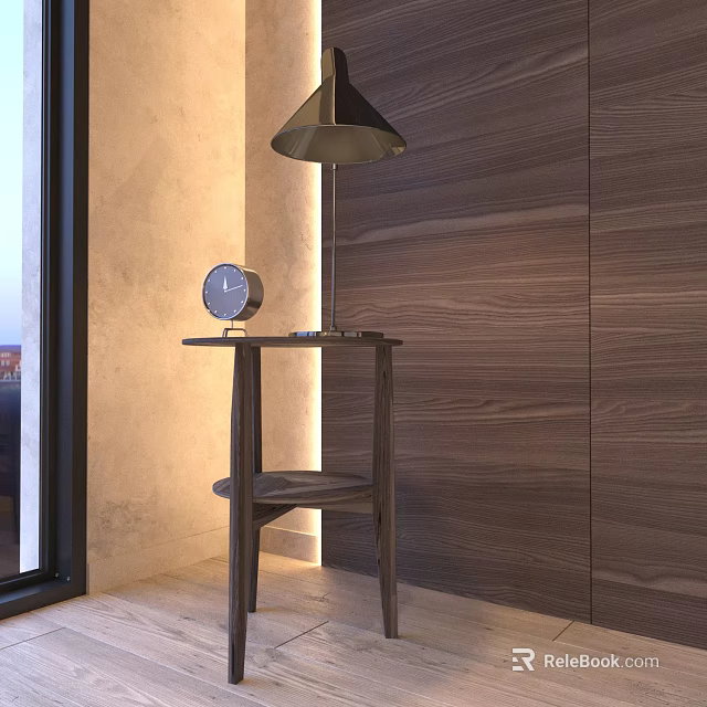 Modern Wooden Desk With Table Lamp And Round Clock Near Window 3d model 