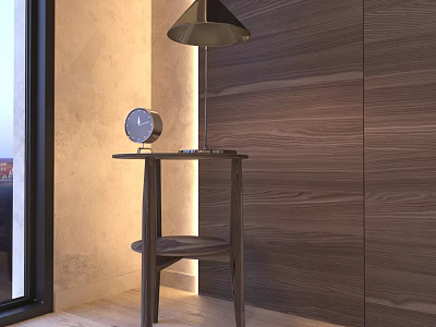 Modern Wooden Desk With Table Lamp And Round Clock Near Window 3d model