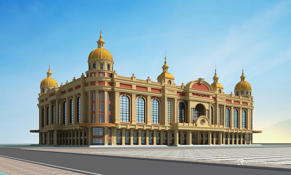 Grand Hotel Building With Golden Domes Yellow Red Exterior Arched Windows And Grand Entrance 3d model 