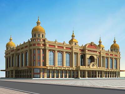 Grand Hotel Building With Golden Domes Yellow Red Exterior Arched Windows And Grand Entrance 3d model