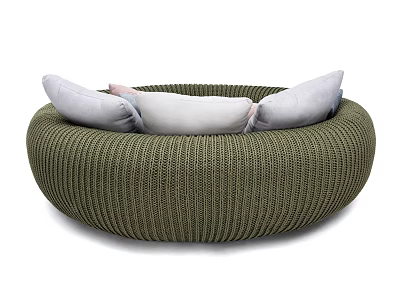 Green Woven Round Outdoor Sofa With Soft Gray And White Cushions 3d model