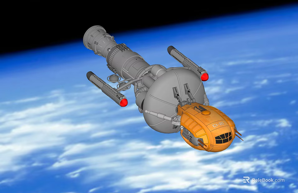 Gray Orbital Spacecraft Module With Orange Section And Red Thrusters Over Earth 3d model 