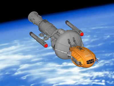 Gray Orbital Spacecraft Module With Orange Section And Red Thrusters Over Earth 3d model