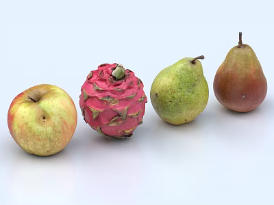 Fresh Assorted Fruits Display Apple Dragon Fruit and Pears on White Surface 3d model