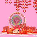 Floral Display Featuring Ferris Wheel Red Lanterns and Cherry Blossom Trees on Pink Background