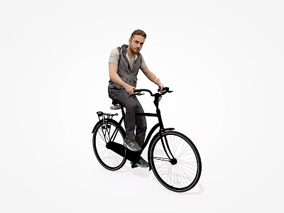 Man Riding A Black Bicycle In Casual Outfit 3d model